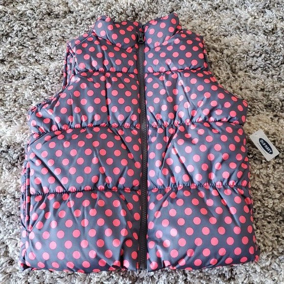 OLD NAVY Frost Free Girls Pink Polka Dot Puffer Vest Jacket Size Medium 8 NWTS - Picture 1 of 8
